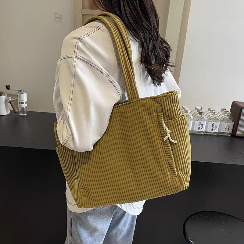 Women's ginger yellow corduroy tote bag with pockets