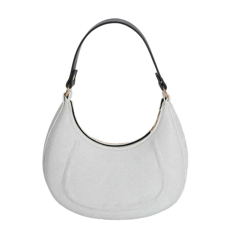 White floral jacquard crescent shoulder bag with black strap