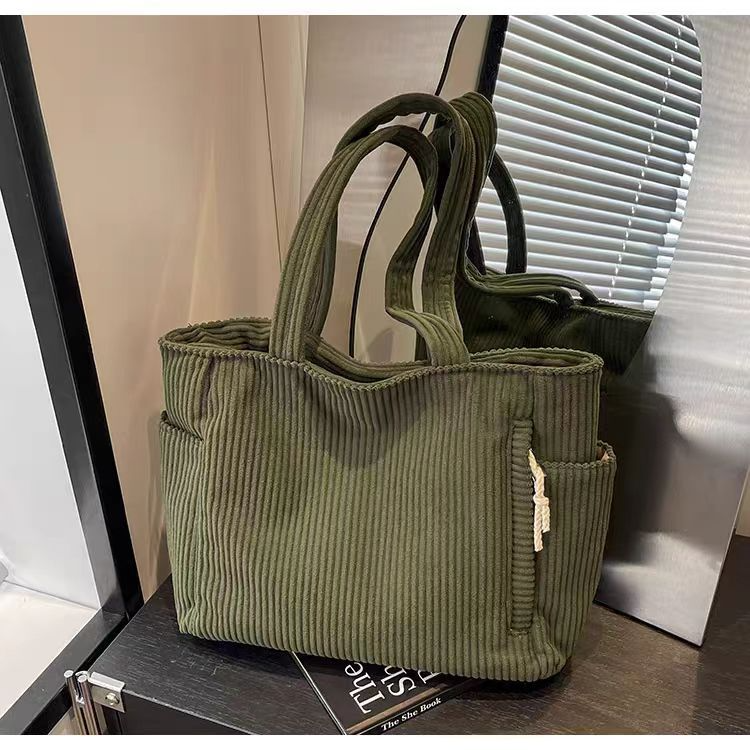 Women's army green corduroy tote bag with pockets